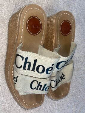 Chloé Cream Canvas Logo Platform Sandals